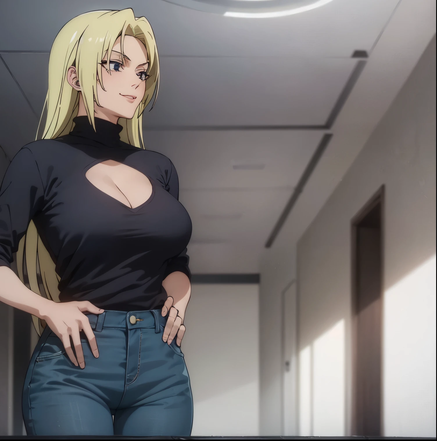 1girl,alone,yuki tsukumo,((best quality)), ((highly detailed)), masterpiece, detailed, large breasts, medium waist, wide hips, medium thighs, round butt, mature woman, blonde, long hair, focus feminine, sexy body, seductive smiling, standing, room, bedroom, alone, black shirt, cleavage, sleeveless turtleneck, looking at viewer, front view, pov (from below), average breasts, blue jeans, skinny jeans, shot cowboy, smile, hand on hip, perfect hands, perfect anatomy