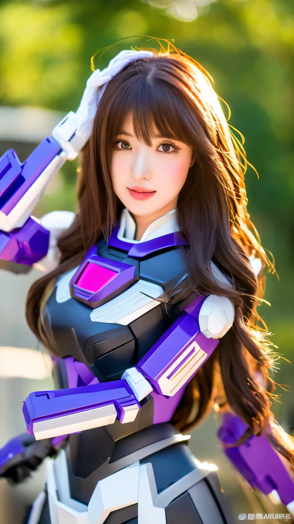 RAW, Masterpiece, Ultra Fine Photo,, Best Quality, Ultra High Resolution, Photorealistic, Sunlight, Full Body Portrait, Stunningly Beautiful,, Dynamic Poses, Delicate Face, Vibrant Eyes, a full body of a woman in a purple and white gundam custume, dybamic pose, long brown very very long hair rapunzel, girl in mecha cyber armor, portrait armored astronaut girl, d. va from overwatch, female mecha, on a gundam, gundam head, chiho aoshima color scheme, mobile suit, streamlined purple armor, fully robotic!! girl, realistic cosplay, gundam armor , full body, sit down, full body