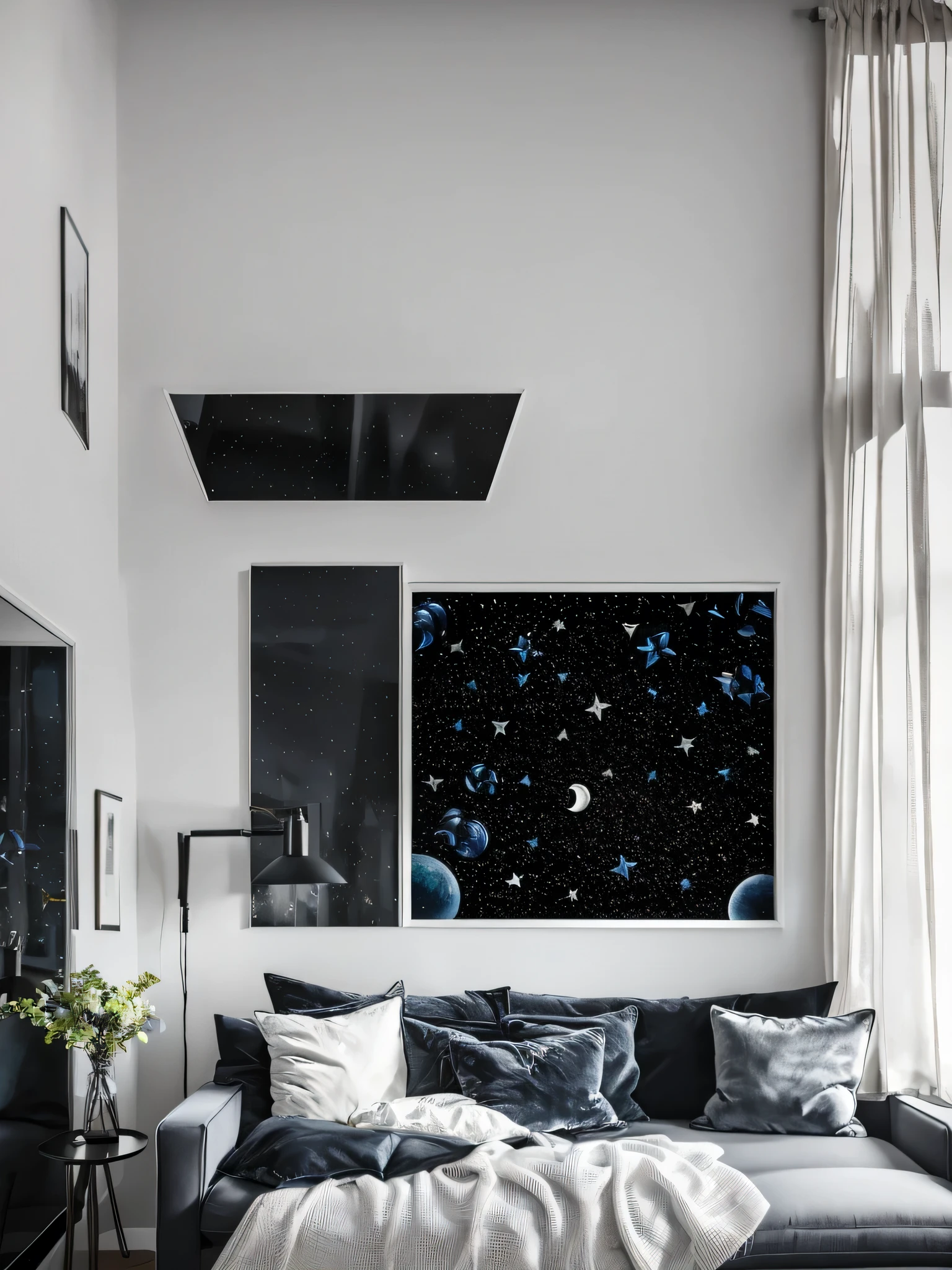 White picture frames on the bedroom wall，The frame contains a black starry sky pattern，Below is a simple sofa，Simple small ornaments(best quality,4K,8k,high resolution,masterpiece:1.2)Quiet atmosphere,Soft moonlight illuminated the scene.