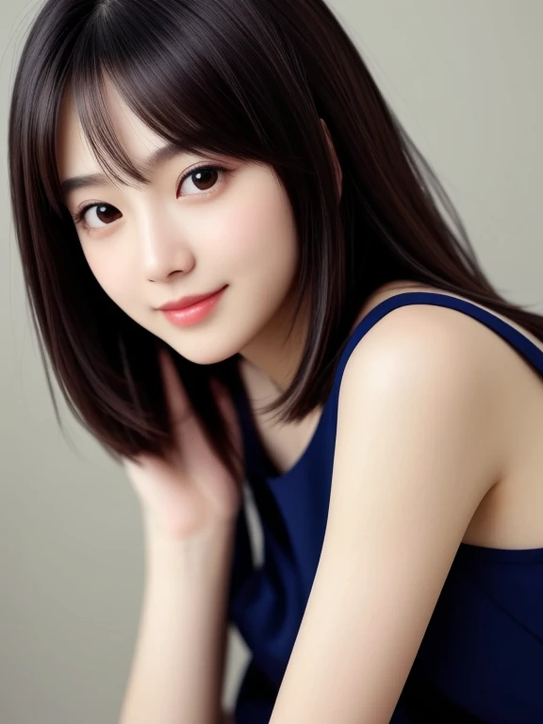 Beautiful Japanese Woman, Soft skin and a nice perfect face, A small face with a nose and rosy lips, Beautiful Eyes, Beautiful smile. black, Surrounded by a bright, ethereal glow、Thin, long, beautiful hair. A loose, short hairstyle with gradation highlights and layers of greyish beige, Navy skirt, Hyperrealistic female photos, High quality high resolution 8K masterpiece