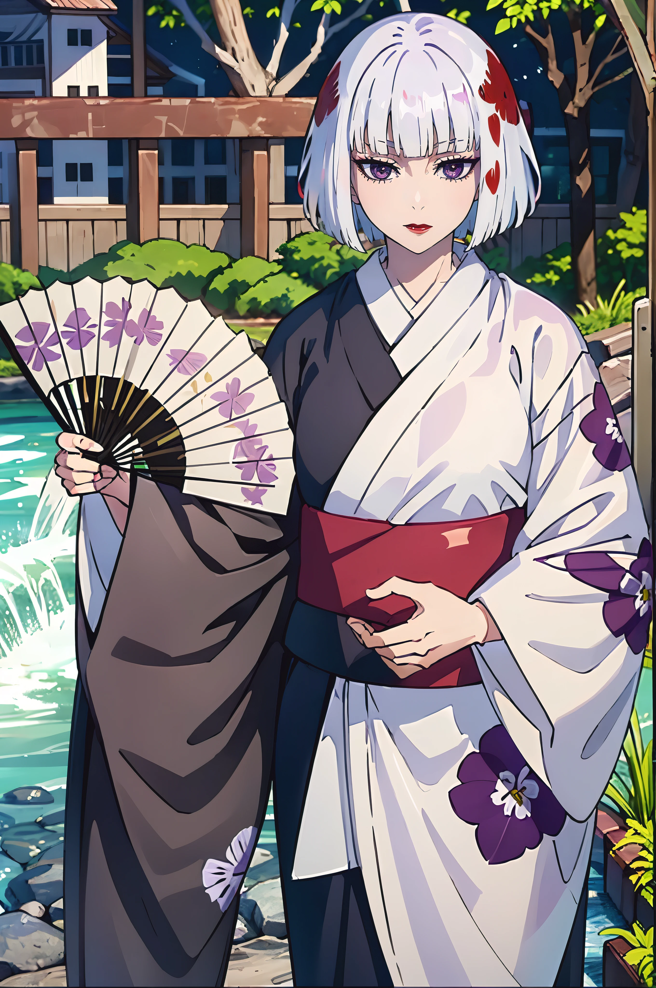 (masterpiece, best quality:1.2), portrait of Ubuyashiki_Family, (1girl, solo), (multicolored hair, white hair, red hair), (short hair, bob cut), blunt bangs, (detailed purple eyes, ringed eyes), (makeup, red lips, cute), (purple kimono, floral print kimono, obi), holding large hand fan, standing in the Japanese garden