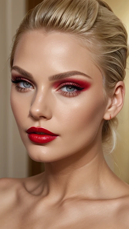 Red make-up,  red lipstick, slicked back Blond hair, Detailed Face, Detailed Lips, Detailed Eyes, 