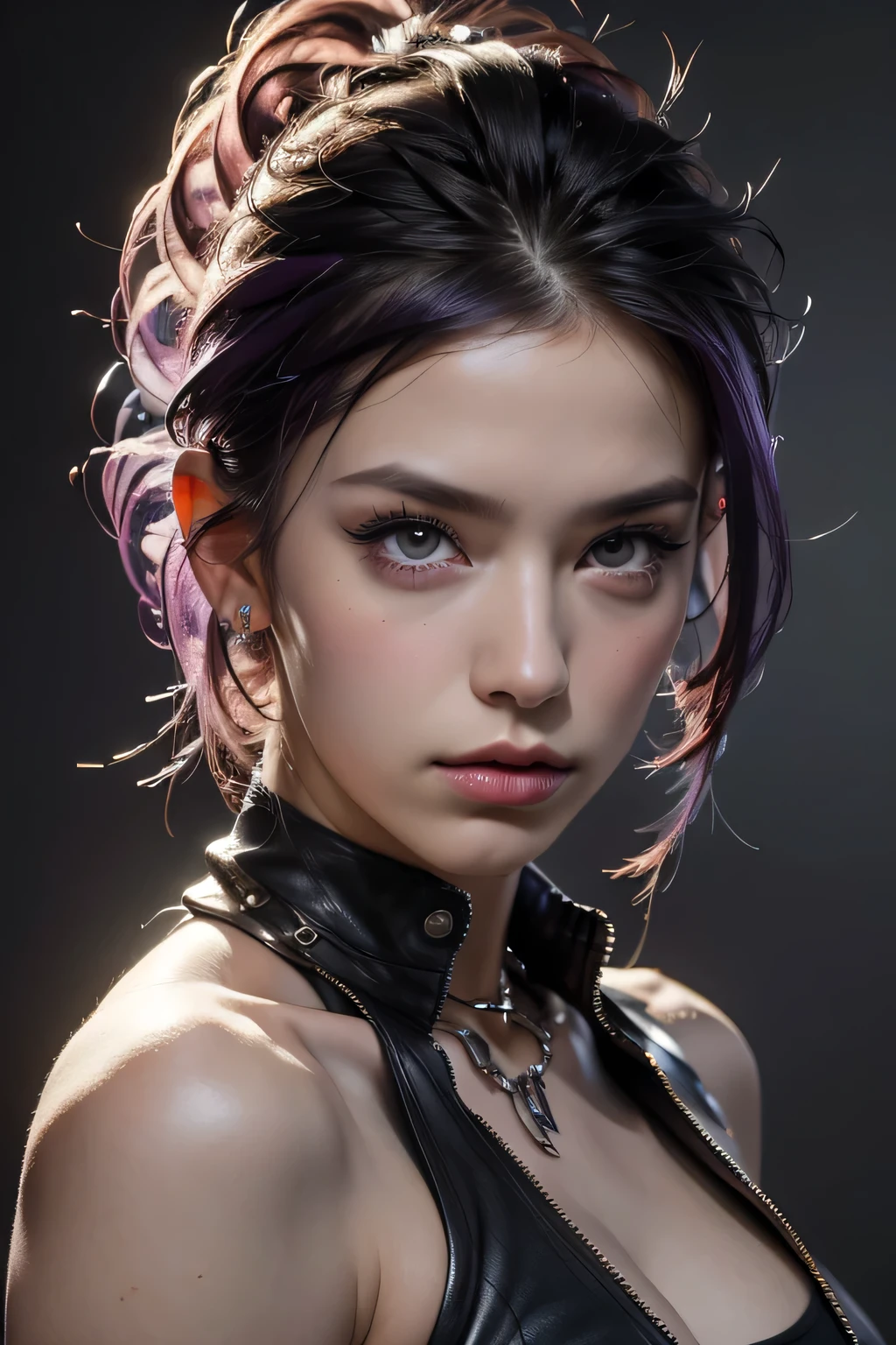 Model Girl, Professional:1.6, (最high quality, 4K, 8k, High resolution, masterpiece:1.2),Ultra-detailed, Realist, Punk Style, fashion punk, ((Upper body portrait)), Spiked clothing, Chain Accessories, Rebel pose, Mohawk Alto, Rainbow Hair, flashy, Nervous background, Studio Lighting, Dynamic pose and elegant、masterpiece, 最high quality, high quality, High resolution, (((Upper body portrait)))、Super big
