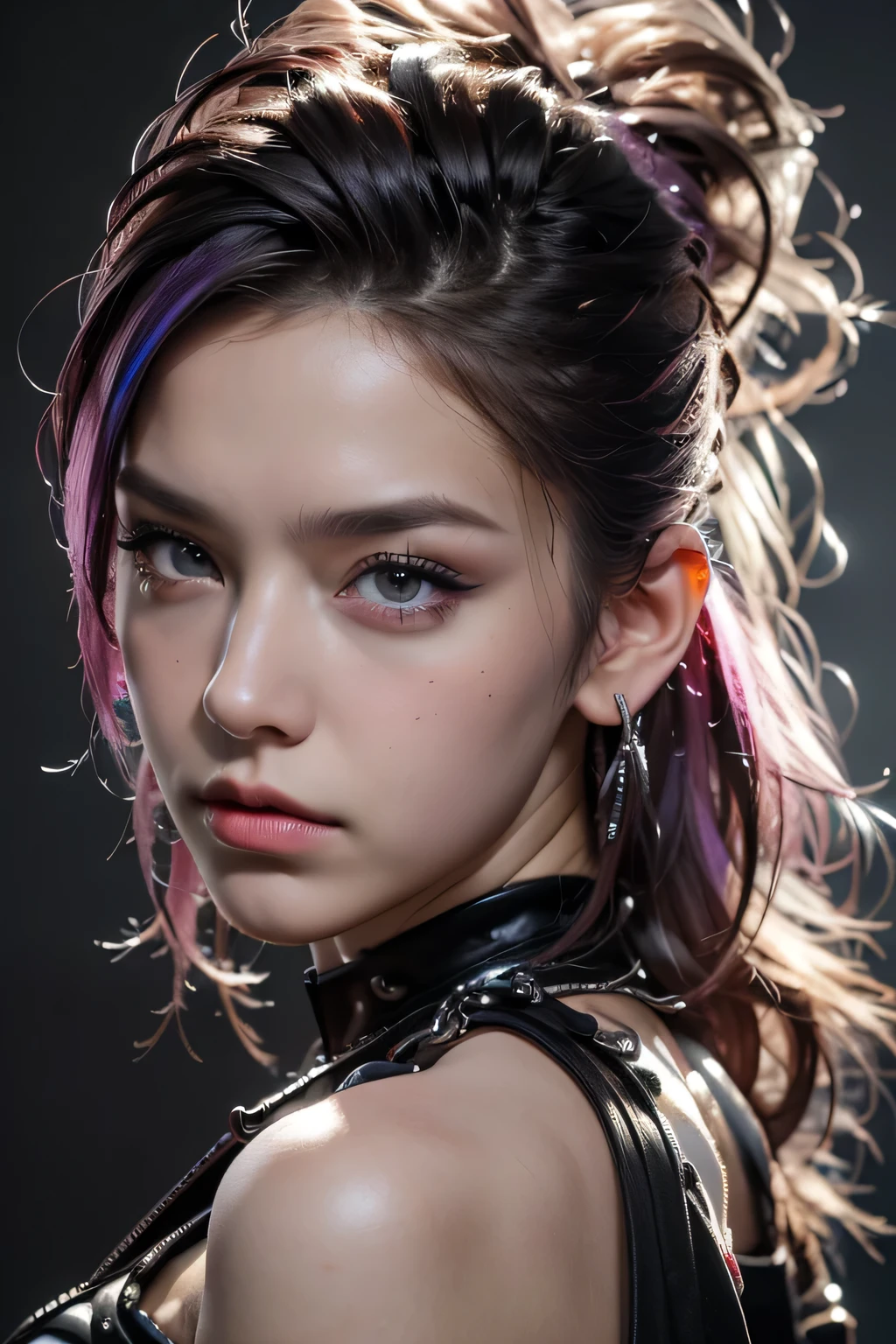 Model Girl, Professional:1.6, (最high quality, 4K, 8k, High resolution, masterpiece:1.2),Ultra-detailed, Realist, Punk Style, fashion punk, ((Upper body portrait)), Spiked clothing, Chain Accessories, Rebel pose, Mohawk Alto, Rainbow Hair, flashy, Nervous background, Studio Lighting, Dynamic pose and elegant、masterpiece, 最high quality, high quality, High resolution, (((Upper body portrait)))、Super big