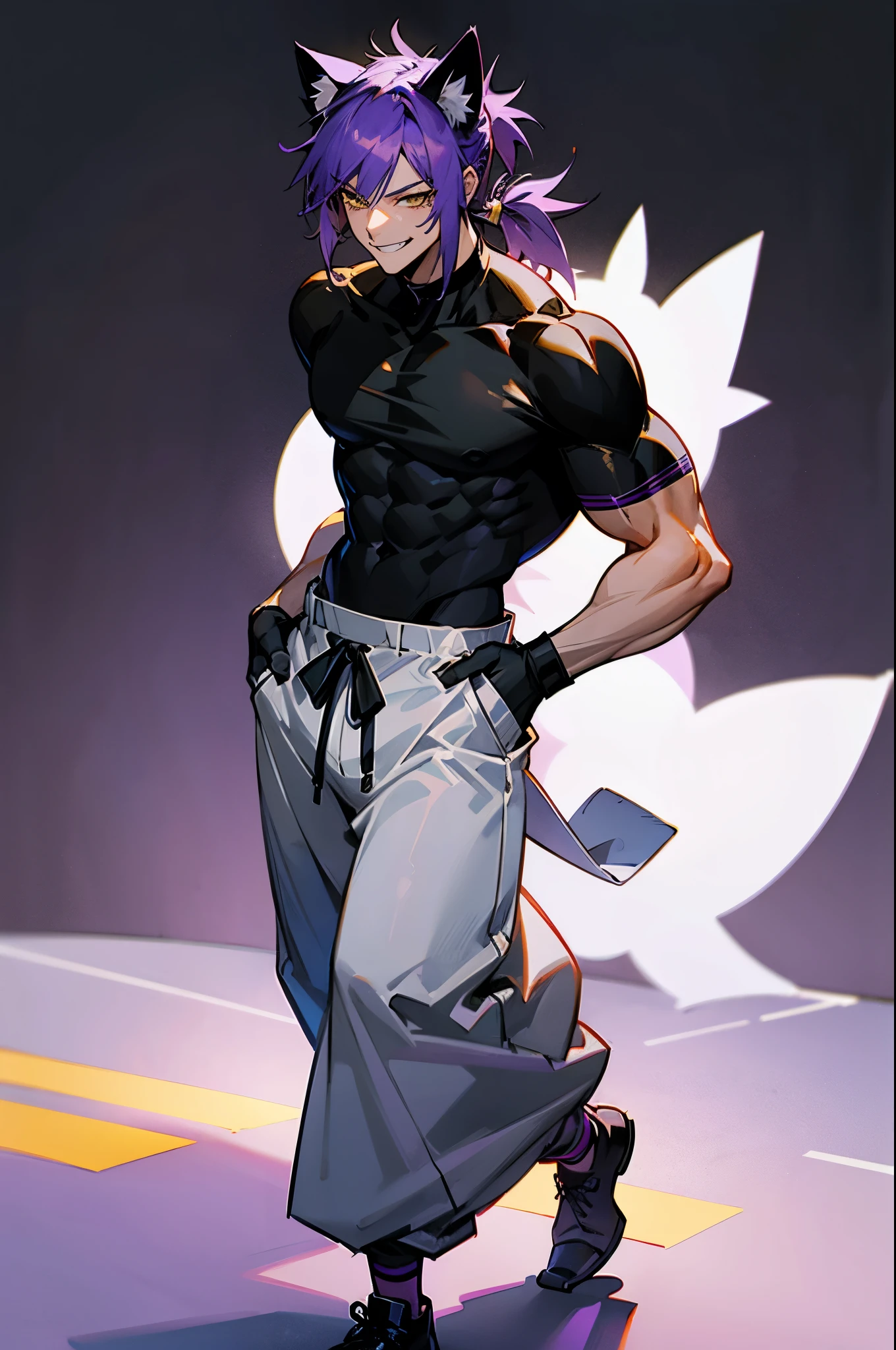 1male, Adult, purple hair, yellow eyes, cat ears, muscular, Ponytail, Walking on path, Black Tight T-Shirt, White Baggy Pants, Confident, Smirk