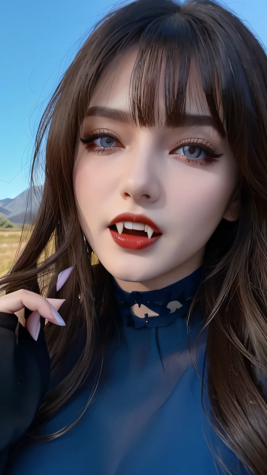 (highest quality, masterpiece:1.3), (Very detailed), RAW shooting, Very detailed, High resolution, Human skin close-up, The skin texture is natural, It must be detailed enough to be easily identifiable, Skin should look healthy and have an even tone, Use natural light and color, ((Romanian national costume)), ((Mountain, blue sky, The body is slim)), 1 girl, 18-year-old, Long Hair, smile, Turn your body forward, (View from the front:1.1), Looking into the camera, Brown Hair, ((Black choker)), Very long eyelashes, blue eyes, bangs, (Outdoor, blue sky), Big Breasts, Red lips、((Vampire Fangs)), Fantasy, Cowboy Shot