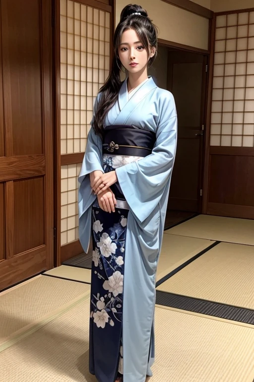 Contemporary style, Samurai, Beautiful, Cute, Modest kimono, Light dark blue, Long hair, Straight hair, Ponytail, Piercing eyes, C-cup, Hides bust, No make-up, Full body, Good style, Slender, No lipstick, Hair elastic, No hair ornament, Beautiful skin, Japanese sword, Samurai, Full body, Keiko Kitagawa look alike, Dignified look, Town Inside
