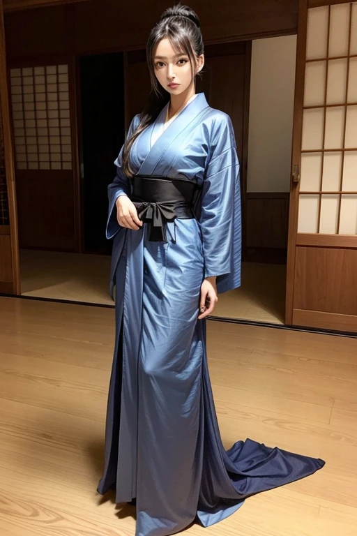 Contemporary style, Samurai, Beautiful, Cute, Modest kimono, Light dark blue, Long hair, Straight hair, Ponytail, Piercing eyes, C-cup, Hides bust, No make-up, Full body, Good style, Slender, No lipstick, Hair elastic, No hair ornament, Beautiful skin, Japanese sword, Samurai, Full body, Keiko Kitagawa look alike, Dignified look, Town Inside