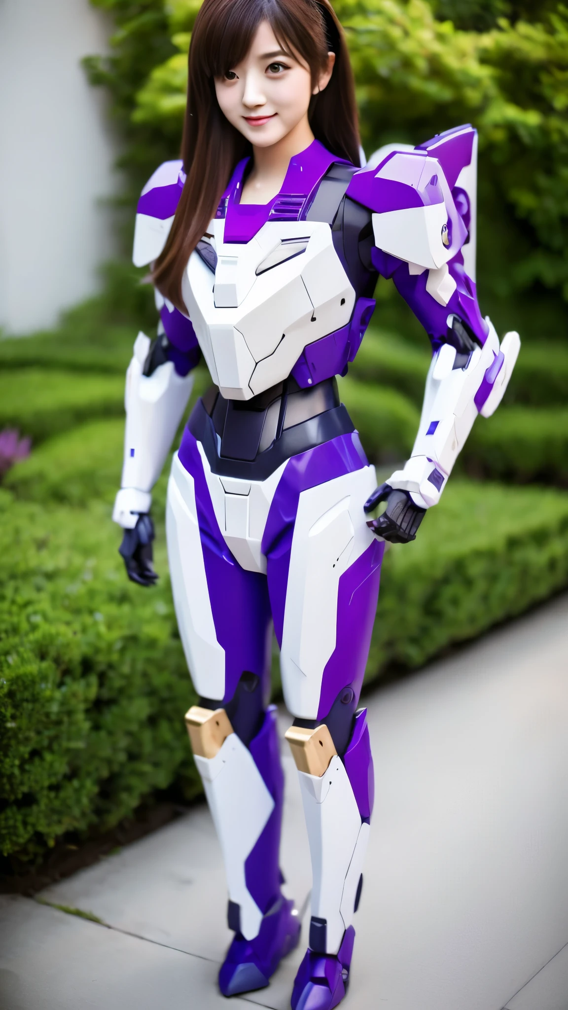 RAW, Masterpiece, Ultra Fine Photo,, Best Quality, Ultra High Resolution, Photorealistic, Sunlight, Full Body Portrait, Stunningly Beautiful,, Dynamic Poses, Delicate Face, Vibrant Eyes, a full body of a woman in a purple and white gundam custume, dybamic pose, long brown very very long hair rapunzel, girl in mecha cyber armor, portrait armored astronaut girl, d. va from overwatch, female mecha, on a gundam, gundam head, chiho aoshima color scheme, mobile suit, streamlined purple armor, fully robotic!! girl, realistic cosplay, gundam armor , full body, sit down, full body