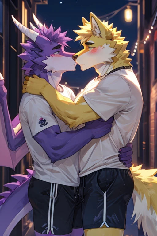 A gay purple dragon sign wearing a T-shirt and shorts and blushing with yellow eyes and kissing a yellow wolf at night