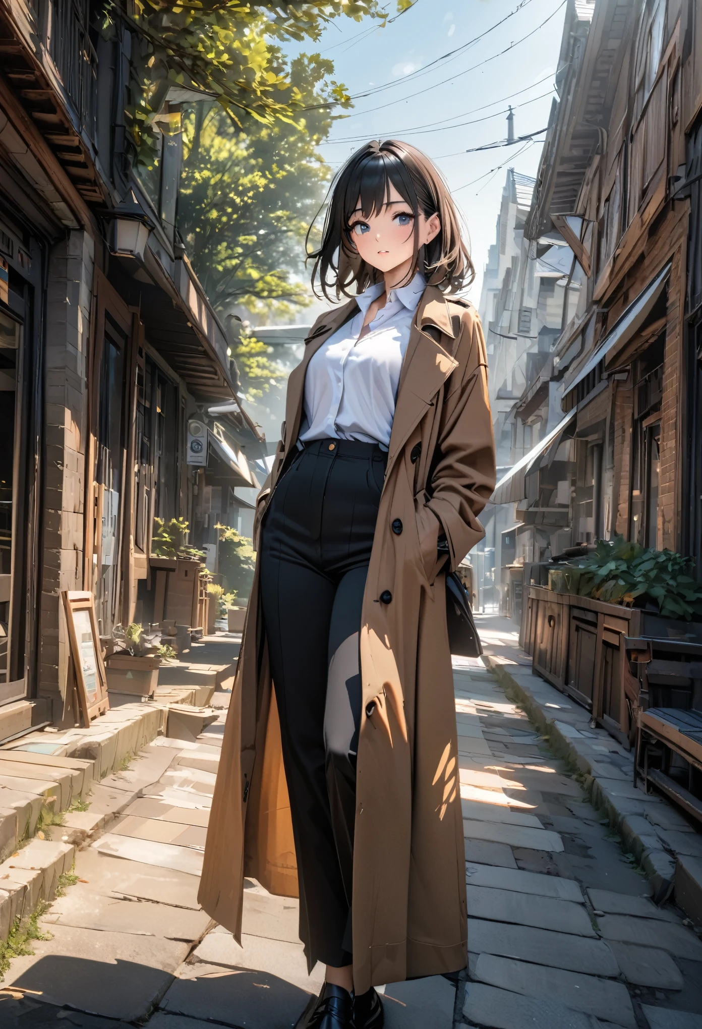 ultra detailed, 8k, masterpiece, 1 beautiful woman, medium hair, matured, business shirt, trench coat, long pants, noon, natural, bright