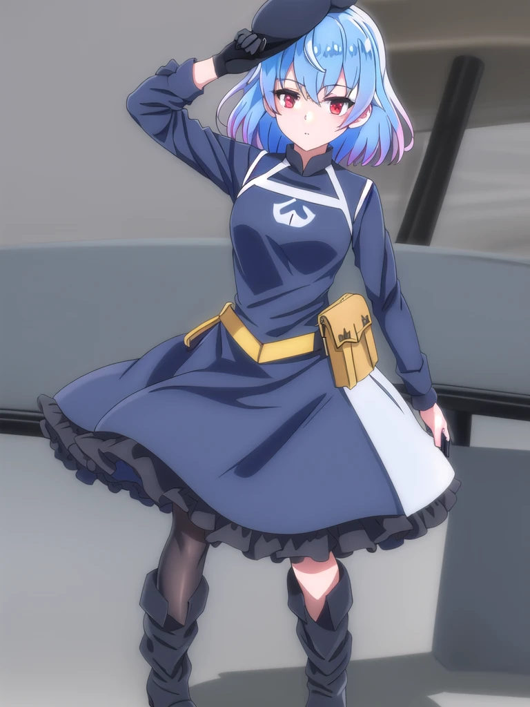 ((Best quality))),((Ultra-detailed)),((illustration)),((Disheveled hair)),((frilld)),(1 girl),(Solo), 1girl,,handgun,hat,holding,holding_,looking_at_viewer,solo,weapon,rating:safe,adjusting_clothes,adjusting_hat,adjusting_headwear,black_footwear,black_gloves,black_hat,black_headwear,black_legwear,black_pantyhose,blue_bow,boots,bow,clothing,dress,female,female_only,footwear,frills,gloves,headwear,holding_weapon,knee_boots,legwear,short_hair,makaria,pantyhose,pistol,pointing,pointing_at_viewer,pouch,olo,standing, blue_hair,red_eyes,