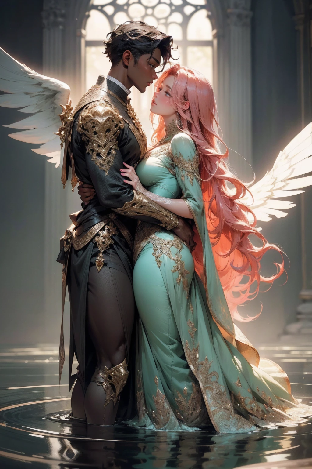 {-erro_de_anatomia:1.0}(best quality,4k,8k,highres,masterpiece:1.2), ultra-detailed, (realistic,photorealistic,photo-realistic:1.37), mature milf, illyasviel von einzbern, redhead hair, upper body, vibrant colors, glowing skin, mesmerizing eyes, brown eyes, elegant pose, enchanting background, delicate lace dress, green dress, surreal lighting, ethereal atmosphere, mystical aura, intricate details, artistic medium, digital illustration, fantasy, anime, walking on the water, kissing a beautiful black man