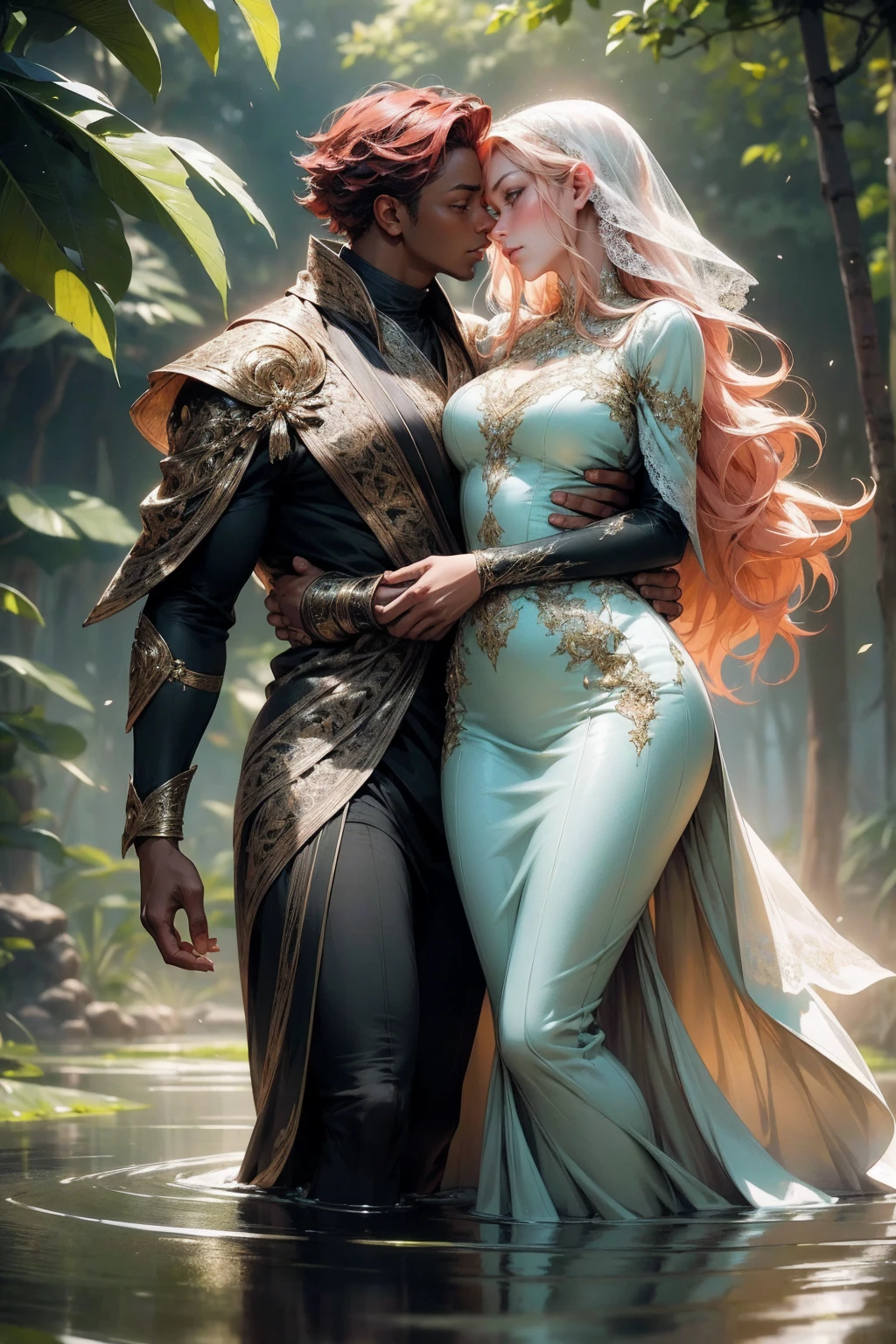{-erro_de_anatomia:1.0}(best quality,4k,8k,highres,masterpiece:1.2), ultra-detailed, (realistic,photorealistic,photo-realistic:1.37), mature milf, illyasviel von einzbern, redhead hair, upper body, vibrant colors, glowing skin, mesmerizing eyes, brown eyes, elegant pose, enchanting background, delicate lace dress, green dress, surreal lighting, ethereal atmosphere, mystical aura, intricate details, artistic medium, digital illustration, fantasy, anime, walking on the water, kissing a beautiful black man