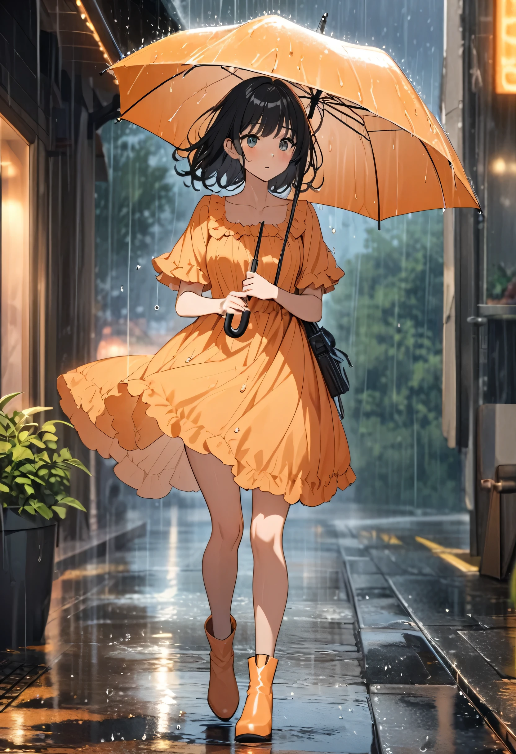 A beautiful woman with long black hair wearing a pastel orange cute dress and a nude boot's is holding an umbrella under the pouring rain. 