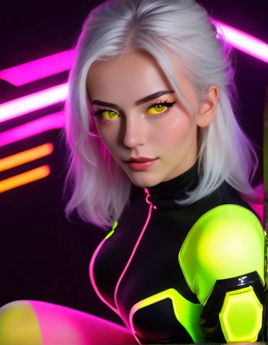 pretty, woman, sexy face, yellow eyes, white hair, slim body, sexy pose, pink tights, mecha, neon sign, led night city, seen from above, high quality, realistic, beautiful light, complete detail, black background