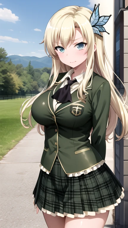 masterpiece, best quality, highres, Kashiwazaki Sena, long hair, hair ornament, large breasts, black neckerchief, blazer, green jacket, long sleeves, plaid skirt, green skirt, standing, cowboy shot, outdoors