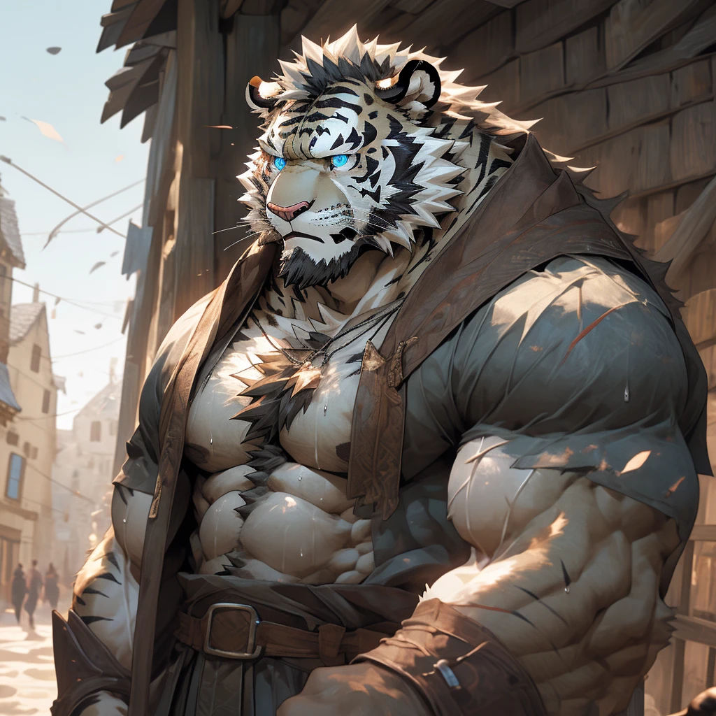 Sweaty muscular shirtless man in medieval village hairy anthropomorphic chest hair serious face（Scar on face） Mature （Blue eyes）Huge muscular ripped abs wild general ambitious thoughtful vicissitudes of life uncle white tiger