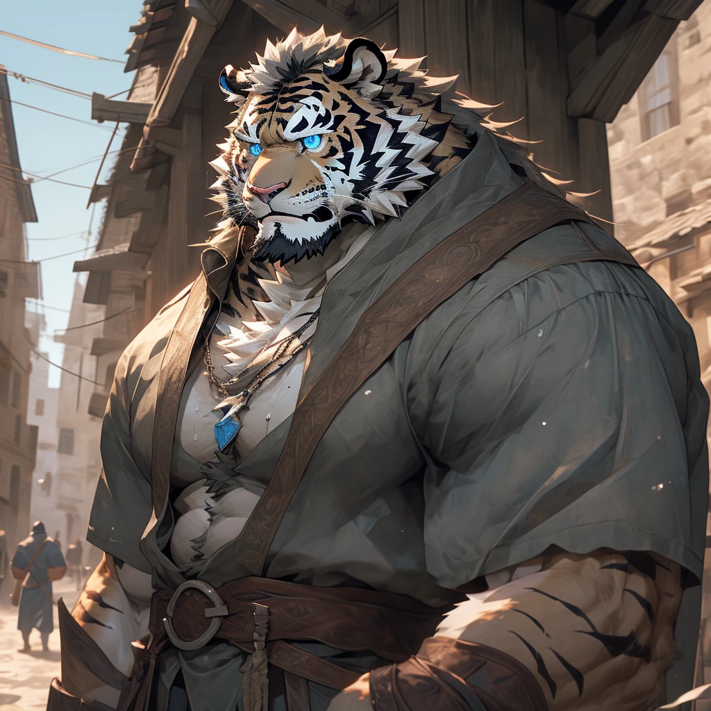 Sweaty muscular shirtless man in medieval village hairy anthropomorphic chest hair serious face（Scar on face） Mature （Blue eyes）Huge muscular ripped abs wild general ambitious thoughtful vicissitudes of life uncle white tiger