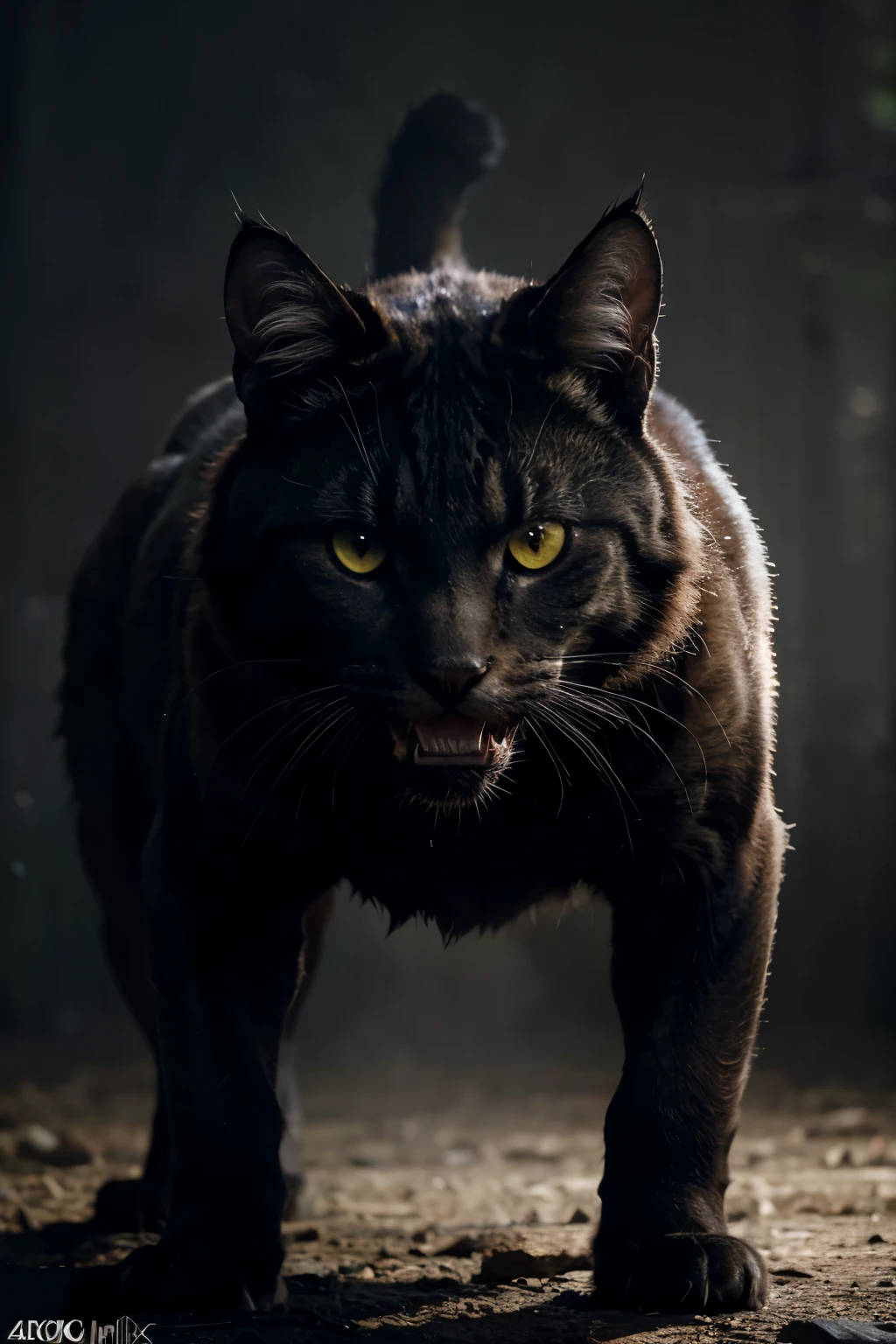 a very dangerous cat, a furious wild cat, a ferocious predatory cat, intense glowing eyes, sharp deadly claws, powerful muscular body, tense aggressive pose, snarling open mouth with sharp teeth, dark moody lighting, muted color palette, cinematic dramatic shadows, (best quality,4k,8k,highres,masterpiece:1.2),ultra-detailed,(realistic,photorealistic,photo-realistic:1.37)
