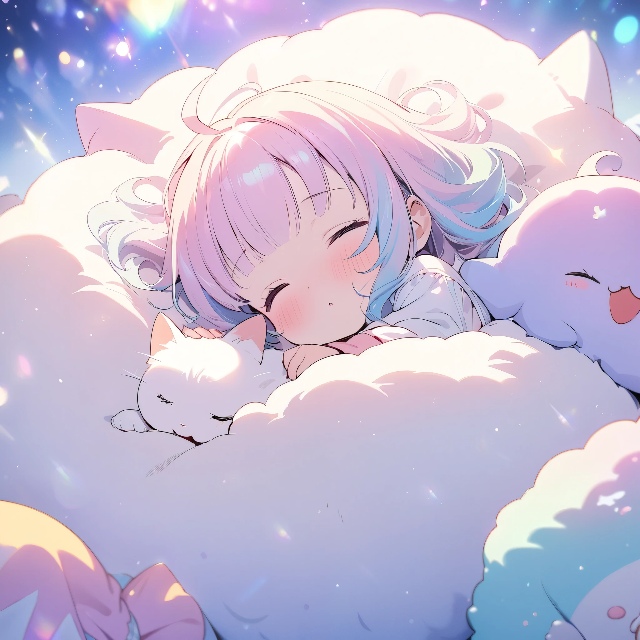 Dream Fantasy Story, best quality, super fine, masterpiece, girl with cat, little cute girl sleeping on the belly of giant fluffy cute cat, gentle image effect with glitter in pastel colors
