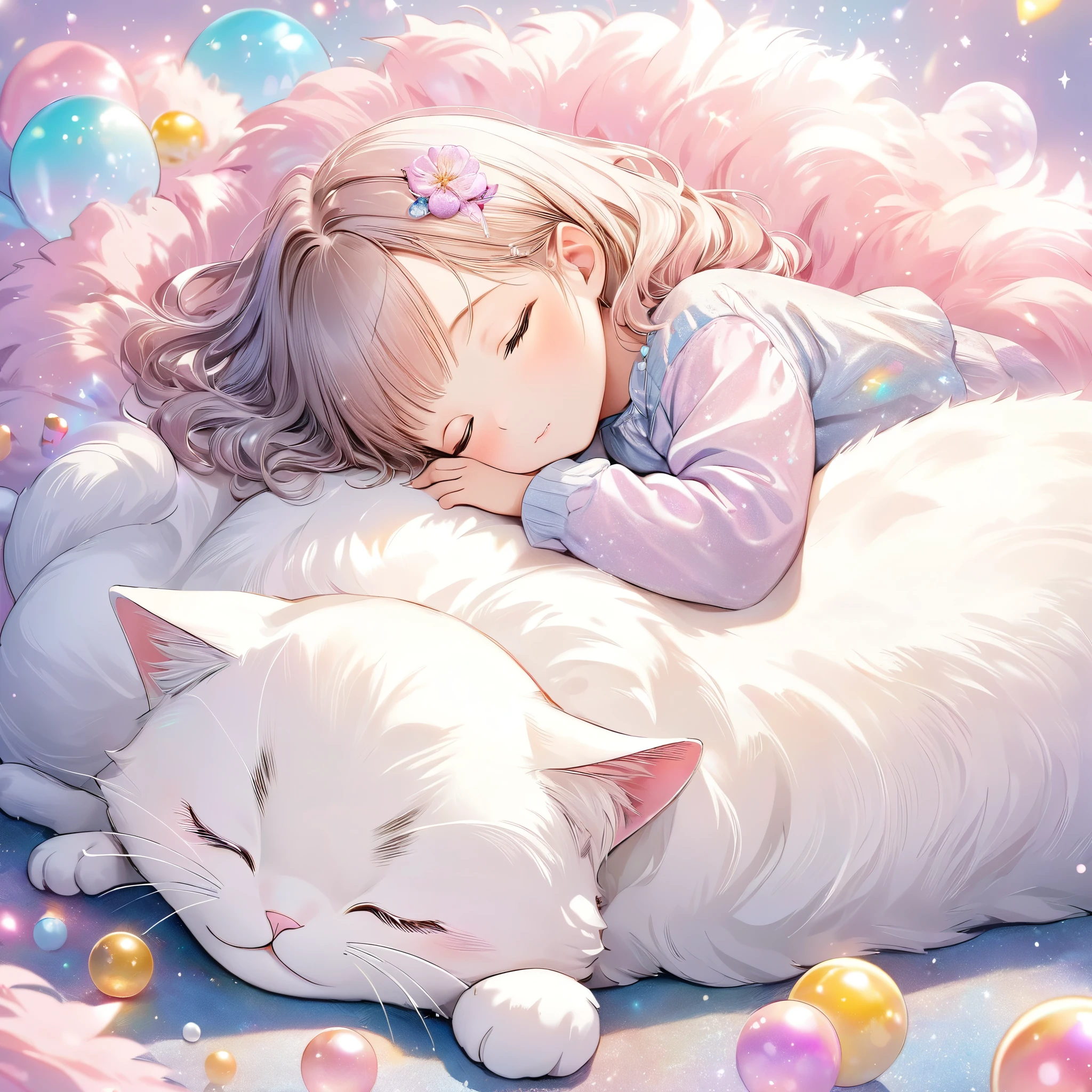 Dream Fantasy Story, best quality, super fine, masterpiece, girl with cat, little cute girl sleeping on the belly of giant fluffy cute cat, gentle image effect with glitter in pastel colors