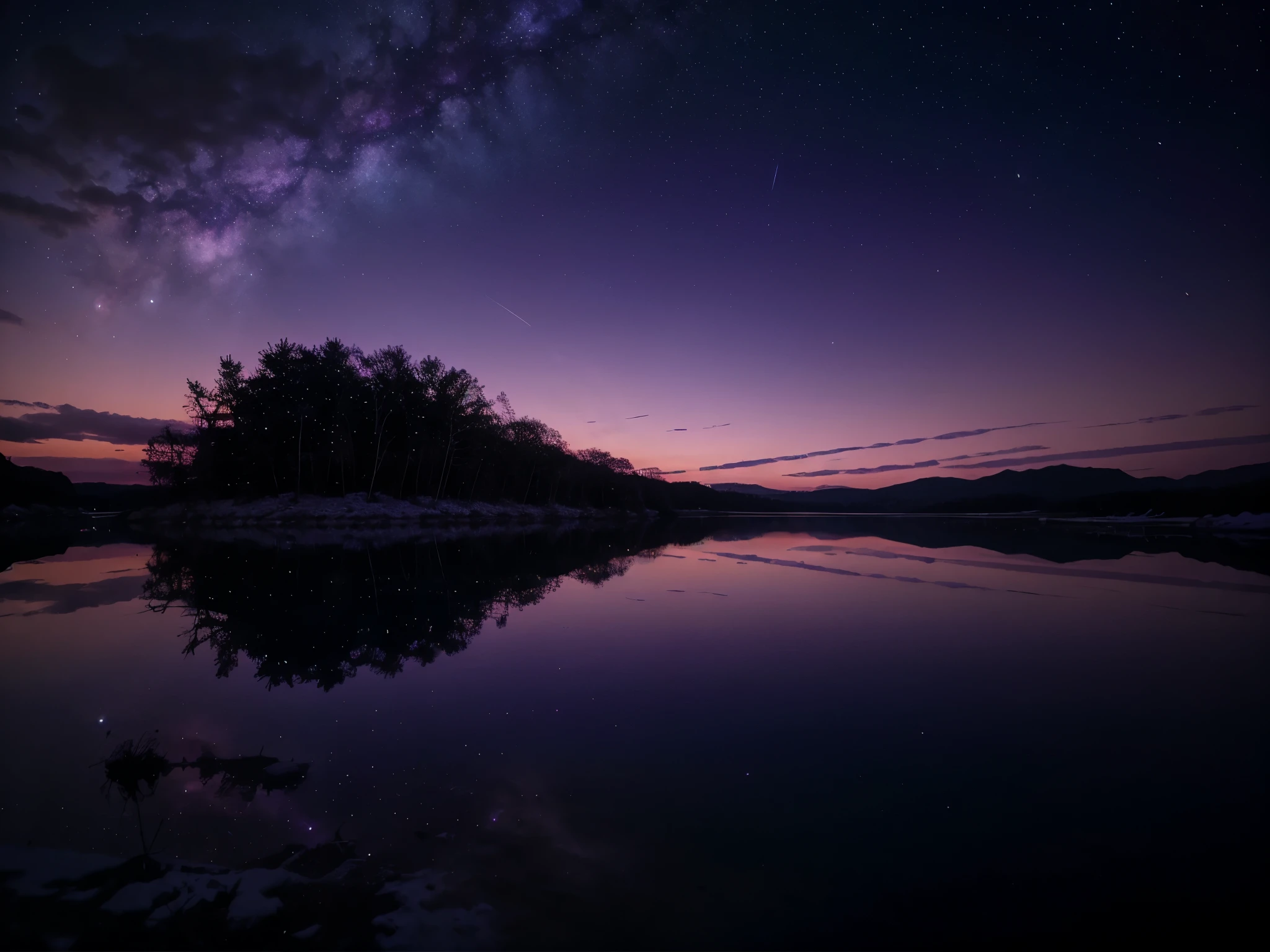 The purple sky and stars are reflected on the frozen lake, magical sparkling lake, Purple beautiful sky, Magnificent background, purple omnious sky, magical colors and atmosphere, Purple sky, glowing purple, cosmic purple space!, magical scenery, purplish space in background, Purple glow, Starry Sky 8 K, violet sky, cosmos sem fim no fundo, purple sunset, detailed dreamscape