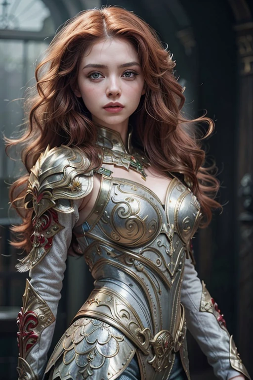 Mulher ruiva, cabelos cacheados, big eyes and pale armor skin, olhos verdes, corpo aventurado, cabelos longos ruivos, sexy hipnotizante
