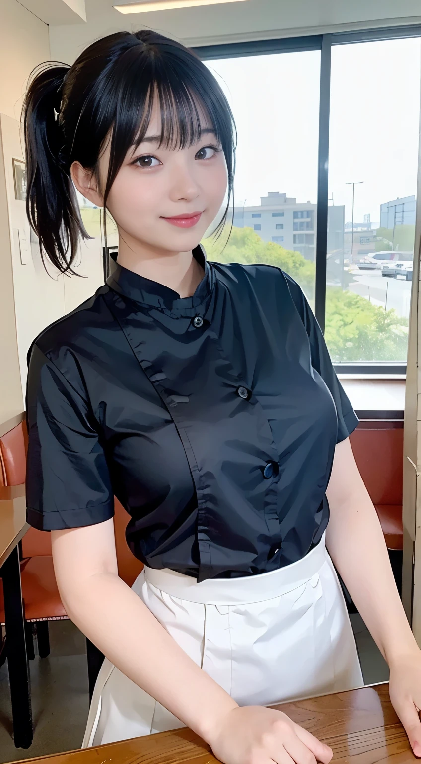 (highest quality,masterpiece:1.3,Ultra-high resolution,),(Very detailed,Caustics),(Photorealistic:1.4,RAW shooting,)Ultra-Realistic Capture,Very detailed,High resolution 16K human skin closeup。 Natural skin texture、,Pores、、、、It must be detailed enough to be easily identifiable。 Skin tone is even and healthy looking。 Use natural light and color,restaurant,Waitress Uniform,1 girl,Japanese,18-year-old,cute,Black-haired,ponytail,Big Breasts,smile,Turn your body forward,(Front view:1.1),Looking at the camera,Cowboy Shot,