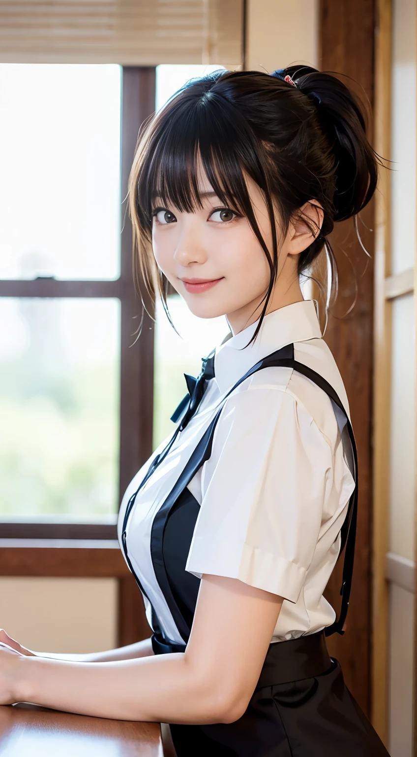 (highest quality,masterpiece:1.3,Ultra-high resolution,),(Very detailed,Caustics),(Photorealistic:1.4,RAW shooting,)Ultra-Realistic Capture,Very detailed,High resolution 16K human skin closeup。 Natural skin texture、,Pores、、、、It must be detailed enough to be easily identifiable。 Skin tone is even and healthy looking。 Use natural light and color,restaurant,Waitress Uniform,1 girl,Japanese,18-year-old,cute,Black-haired,ponytail,Big Breasts,smile,Turn your body forward,(Front view:1.1),Looking at the camera,Cowboy Shot,