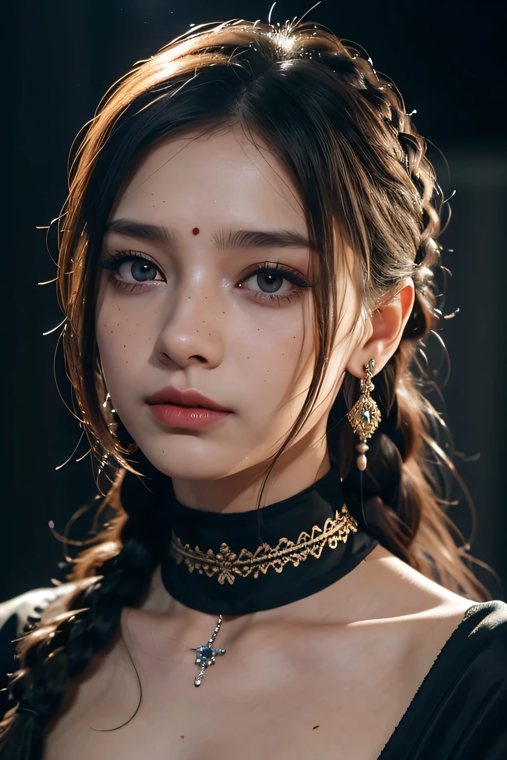 Sadhishink, movie「La Vete」in, By Valerian Borowczyk, erotic, 1 of 1 girls, black_eye, Blurred, Blurred_background, Braiding, choker, depth_of_Field, dress, Earrings, eyelash, freckles, hair_that's all_shoulder, jewelry, lips, length_hair, length_sleeve, Looking_in_Audience, necklace, Between, Inflated_length_sleeve, Inflated_sleeve, Realistic, single_Braiding, One person in, twin_Braidings, upper_body, masterpiece, 最high quality, high quality, High resolution, (((Face of close up)))、Super big
