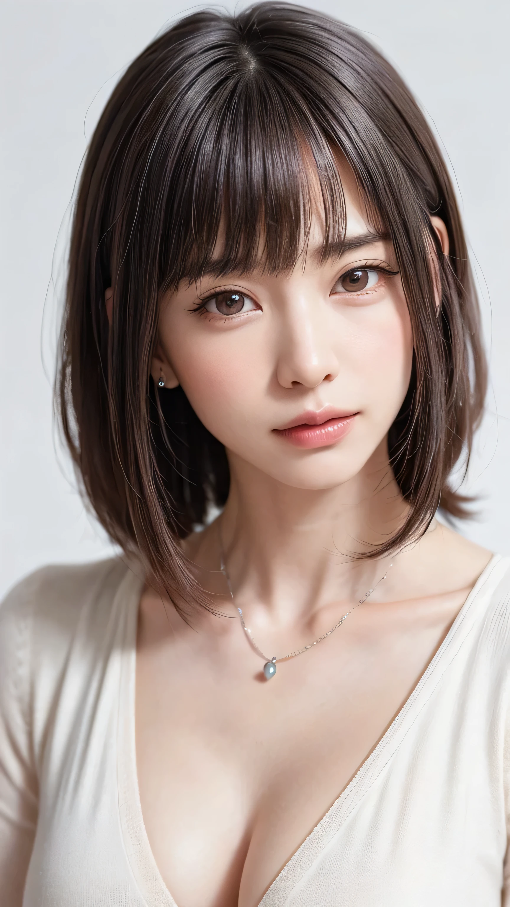 (software:1.8、masterpiece, highest quality),1 girl, alone, hyper Realistic, Realistic,Realistic, Looking at the audience, Light brown eyes:1.4,Brunette Short Bob Hair with highly detailed shiny hair,, Lepangas:1.4), Mouth closed, Upper Body、big chest eye、eyelash、{Huge|big chest|Hugeな|Mega} whole :2, Chest cleavage:2、(((Add highlights to the eyes:1.4、big chest eye、Short Bob Hair、Glowing Skin:1.4、Looking at the audience、She is very beautiful and cute、Show me your ears、Beautiful long neck、smile、Close your mouth and smile、Bangs and beautiful teeth)))、Ideal body type、((beautiful, Blank white background:2、Simple, Blank white background:2、Very simple white background:2))、Beautiful long neck:1.4、(({Huge|big|Huge|Mega} chest, Chest cleavage:2、Upper Bodyは服を着ていない:1.6))、(((Portraiture:2、Face close-up:2、Face close-up:2)))、Perfect Anatomy、((V-neck knit))、thin silver necklace、Silver earrings、