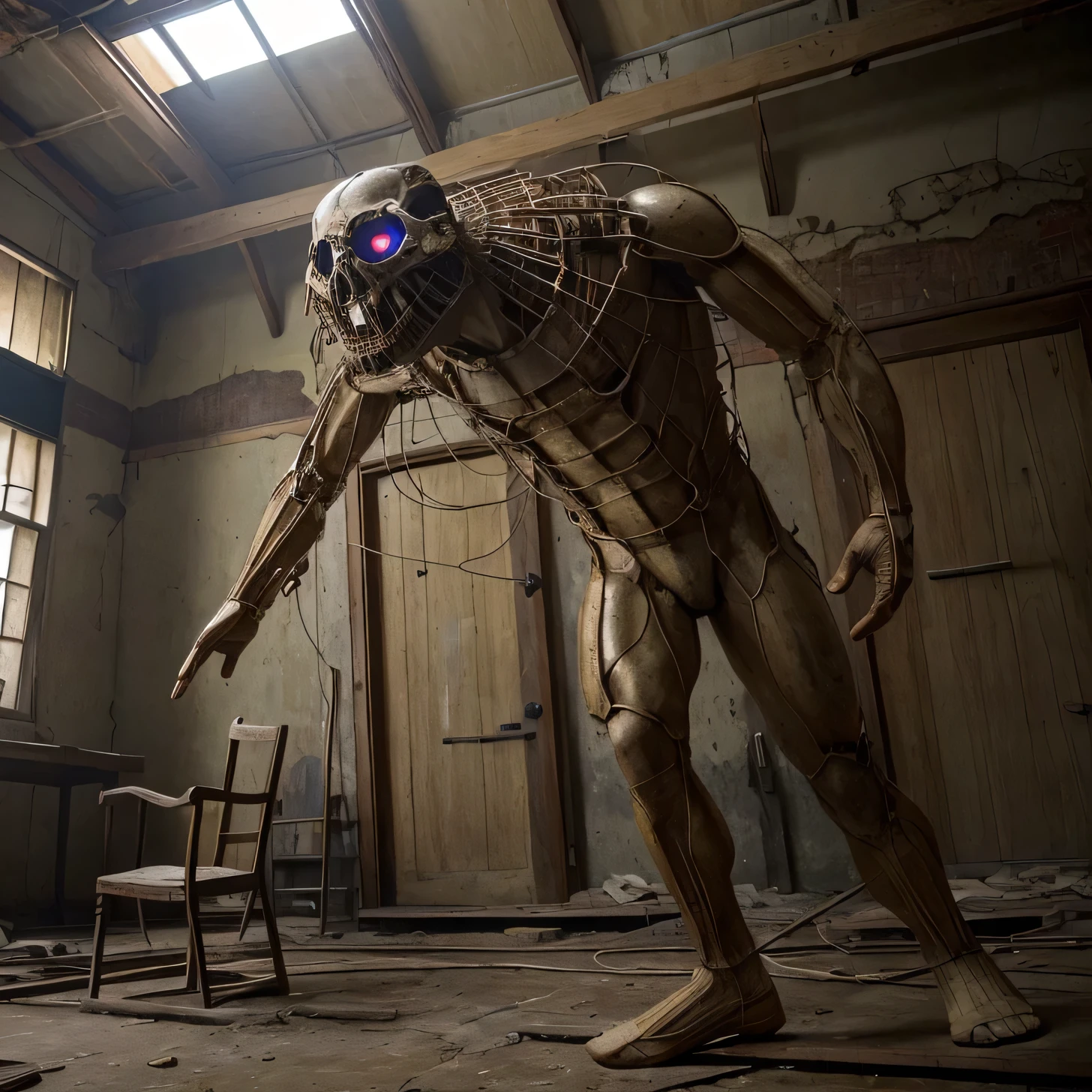 ((highest quality)), ((masterpiece)): In a dilapidated laboratory, Deformed humanoid experiment breaks free from restraints, The grotesque mutation、It reflects the nightmare of a mismatched science.
