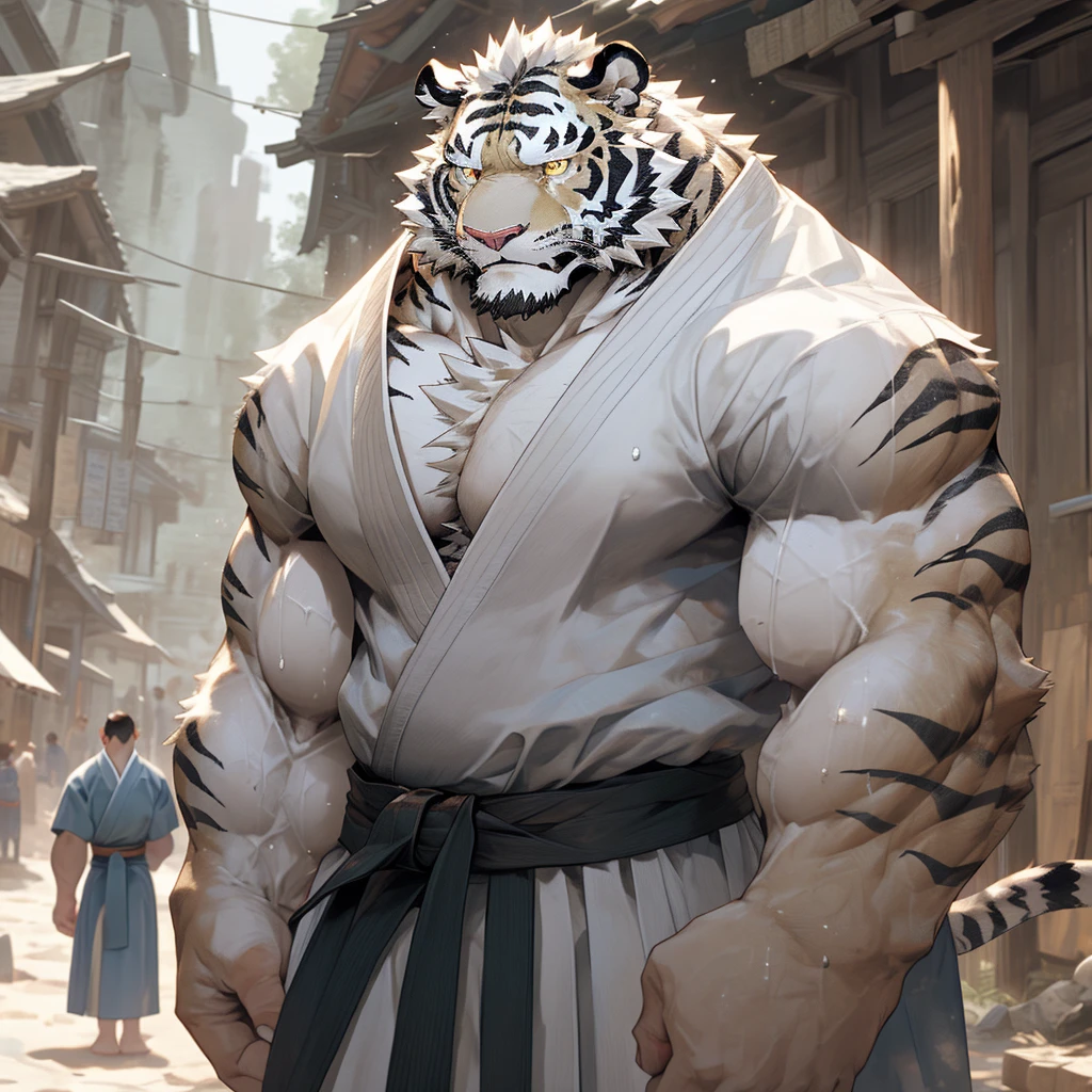 sweaty muscular naked upper body in the village hairy anthropomorphic chest hair serious face（Scar on face） Mature （Golden Eyes）Huge muscular ripped abs wild warrior martial arts master ambitious thoughtful vicissitudes of life uncle albino white tiger