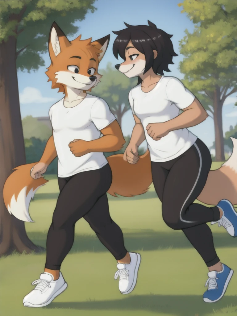 Furry, fox, smile, black leggings, white shirt, jogging with a partner, park, teen