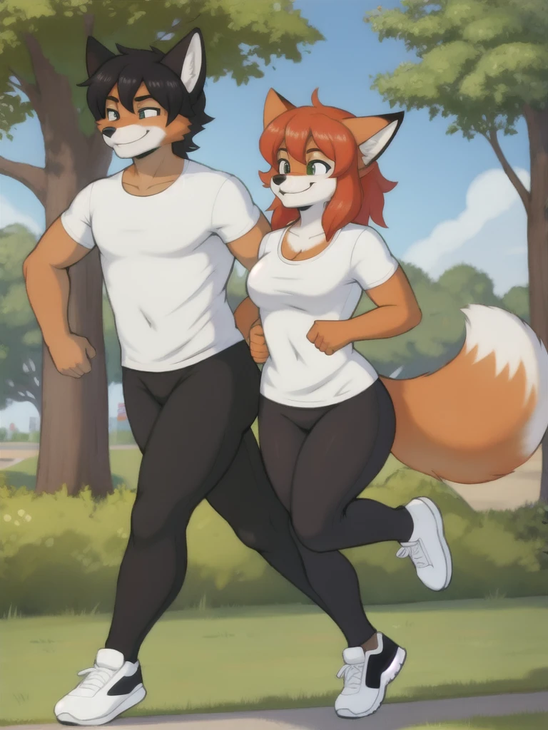 Furry, fox, smile, black leggings, white shirt, jogging with a partner, park, teen