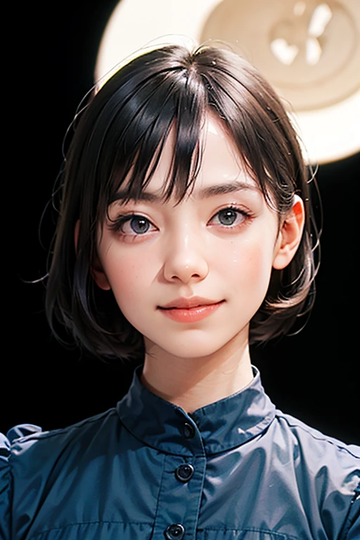 "(highest quality,8k,High resolution,masterpiece:1.2),Very detailed,(Realistic,photoRealistic,photo-Realistic:1.37),(Realistic:1.37),(Head to knee photo:1.5),One beautiful woman、short hair,Deep black eyes,21 years old,Light brown hair,Blue clothes,Blue Uniform,Moderate:Oil,Portrait of a Woman,smile,Vibrant colors,Soft lighting,Studio settings,Fine brushwork,White skin,Gentle expression,Subtle highlights,Thin hair bundle,A confident gaze,Classic black and white palette,Dramatic contrast,Bold composition,Mystery hint,Refined elegance,Professional Poses,Graceful posture,Perfect detail,Smooth skin texture,Perfect symmetry,The beauty of film: a mysterious smile,Sublime Art