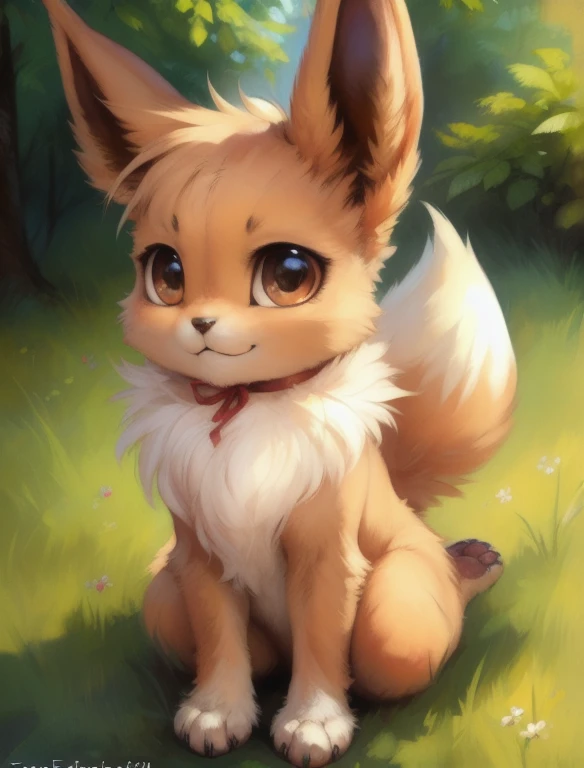 by Kenket, By totesfleisch8, (By thebigslick, From silverfox5213:0.8), (by Shuro:0.2), Pokek, Eevee, fluffy girl, hairy girl, woman, She has a big cute ribbon in her hair, Have animal paws instead of hands, One girl, highest quality, Outdoor, High resolution, cute,