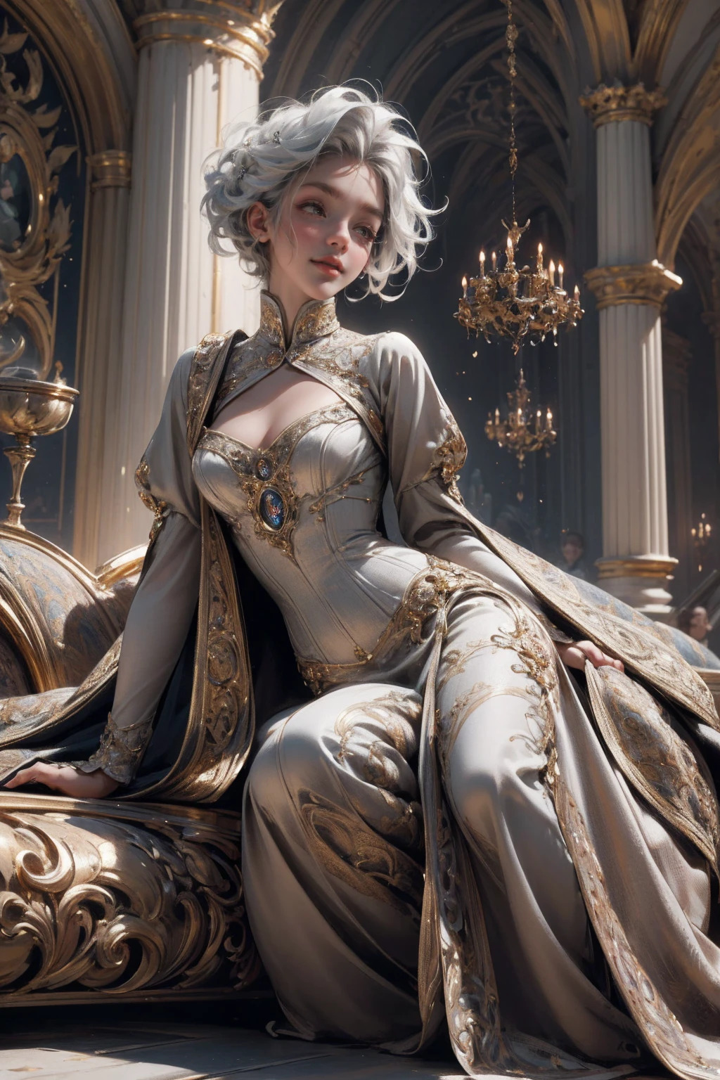 { - anatomy error}(Masterpiece - Ultra-detailed, very high resolution) Prepare to be enchanted by a true masterpiece that combines ultra-detailed art with high-resolution rendering. This work depicts a mesmerizing woman with short white hair (1.3) and captivating gray eyes (1.2), emanating an aura of elegance and mystery in Victorian settings. The intricate details and realistic textures invite you to explore every aspect of this enchanting composition. Woman wearing beautiful classic Victorian costume from the year 1878. Red lips. Happy face. Smiling. light brown (gold) dress. Laying on the ground, whole body. dynamic poses. Get ready to dive into a world where beauty and craftsmanship merge perfectly, kissing a black man.