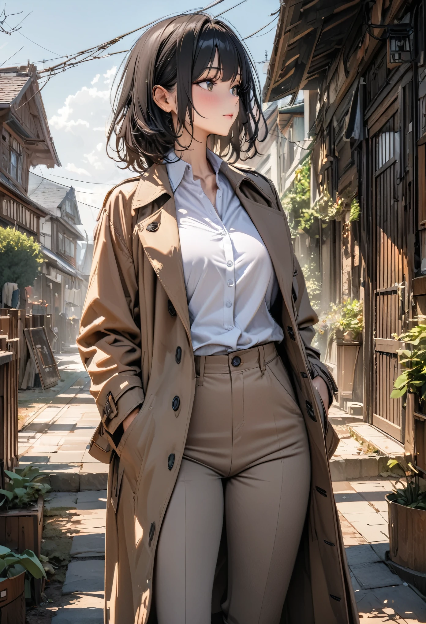 ultra detailed, 8k, masterpiece, 1 beautiful woman, medium hair, black hair, matured, business shirt, trench coat, long pants, noon, natural, bright