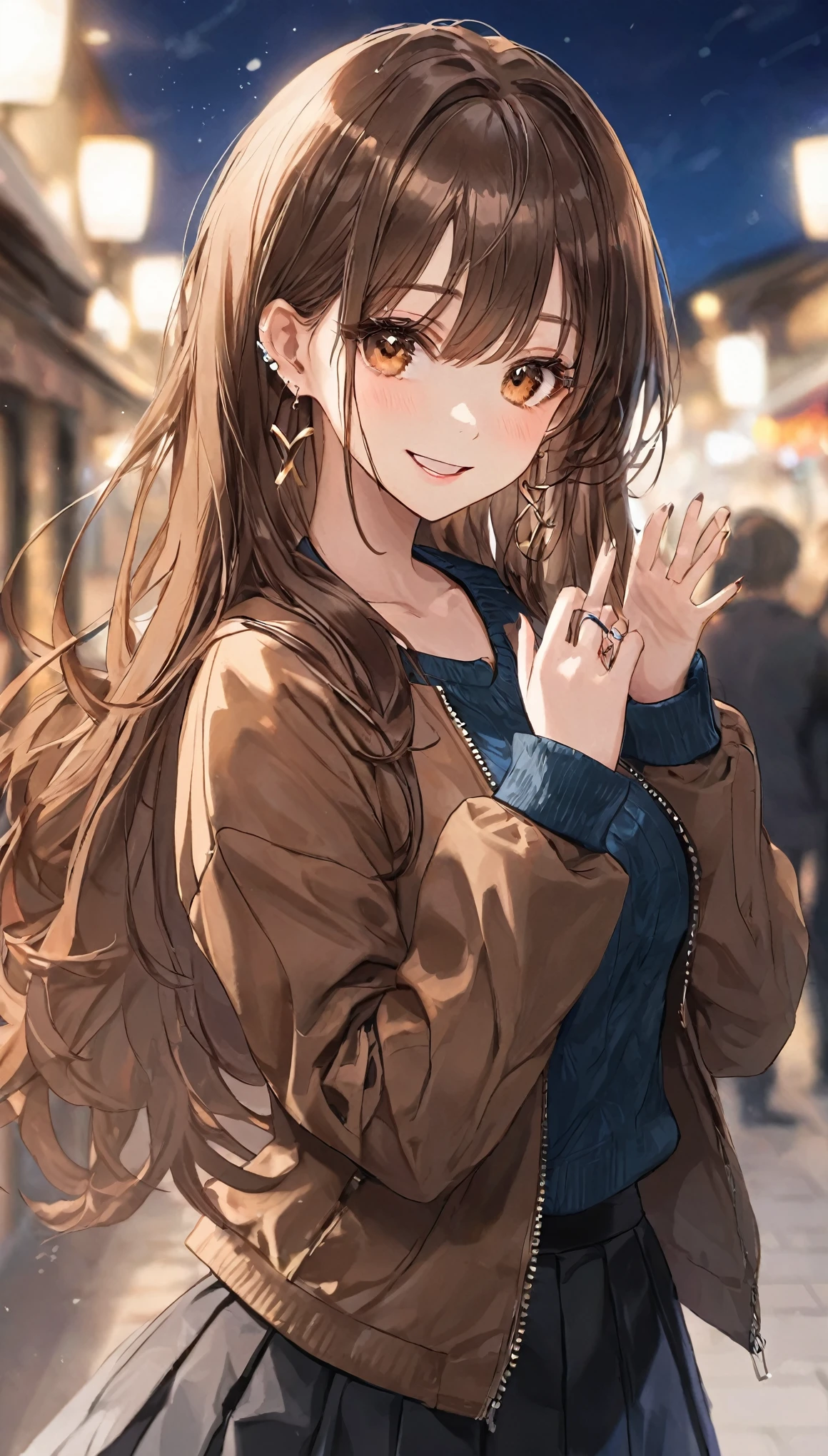 One girl, Ahoge, bangs, black skirt, black sweater, Blue Claws, Blurred, Blurred background, chest, Brown eyes, Brown Hair, brown Jacket, Mouth closed, Day付付き, Day, Depth of written boundary, Earrings, eyelash, Raise your hand, Tilt your head, Jacket, jewelry, Long Hair, Long sleeve, View Viewer, medium chest, Manicure, Open clothes, open Jacket, Outdoor, Pursed lips, Tucked in shirt, Side Lock, skirt, Sleeves are longer than the wrist, alone, sweater, Upper Body, zipper, smile, ((masterpiece)), 