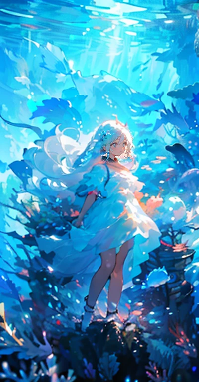 (Pieces fly), (highest quality), Very detailed, 1 girl, Perfect Face, (Solo full body shot:1.3), Very detailed顔,(Long white hair:1.5),(blue eyes:1.4),(Underwater:1.4),(White Dress:1.5),Ocean,Coral Reef,School of small fish,Light,bubble,jellyfish,Ocean藻,(深Ocean:1.4),Fantasy,Ocean底,float