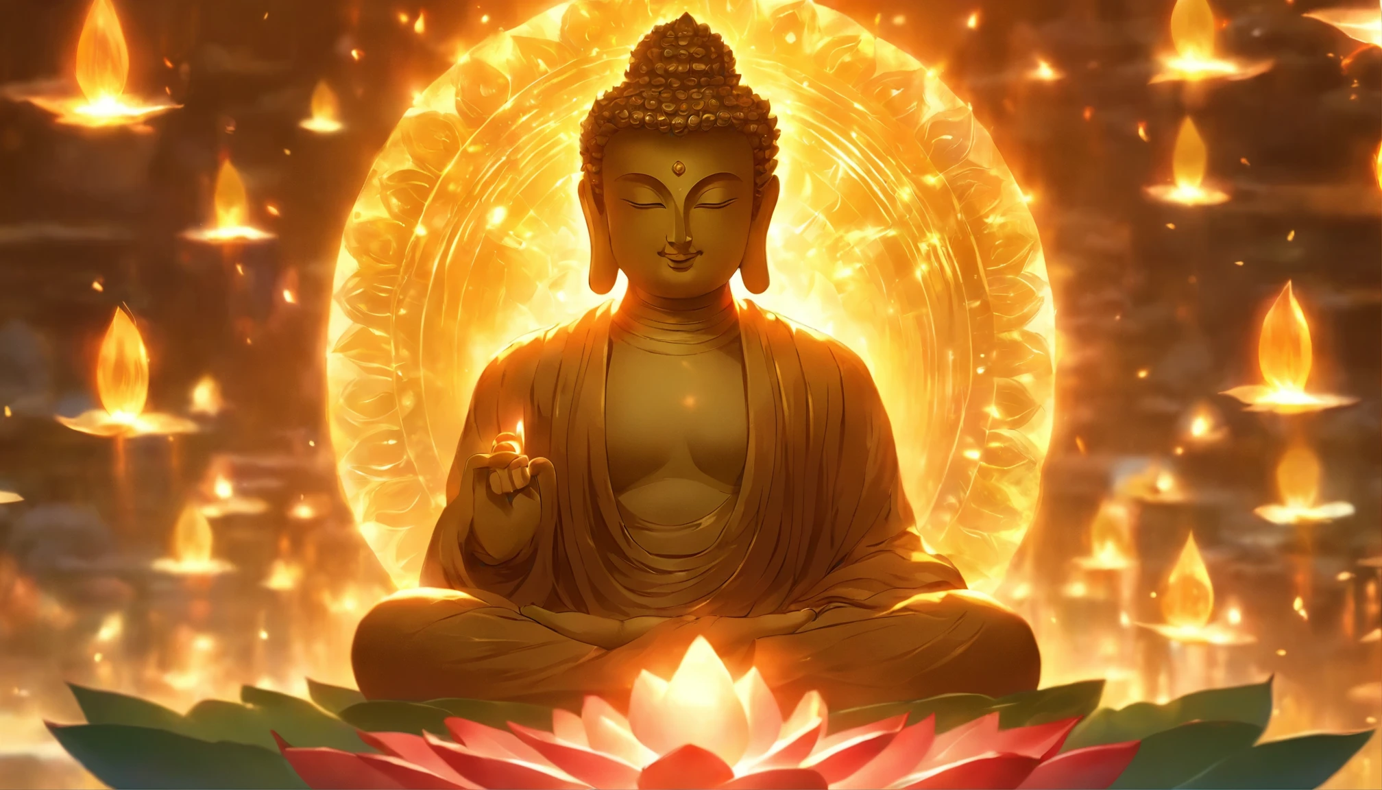 (Buddha sitting on a lotus, com um sorriso gentil, radiant golden light behind, halo protetor)