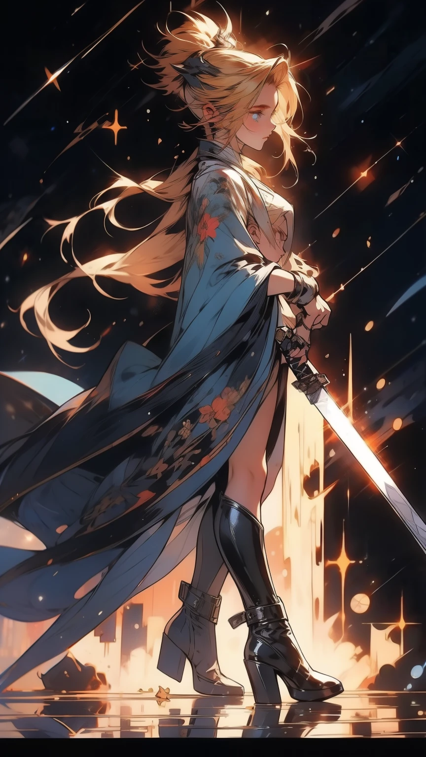 1 girl, ultra long hair, ultra detailed face, glowing lips, glowing blue eyes, very long ponytail, elegant walk, catwalk, holding down a giant katana, blonde, long eyelashes, long boots , looking to the sky, starry sky, a ultra giant katana, A comprehensive model sheet for a character, including front view and side view, with detailed perspectives and angles