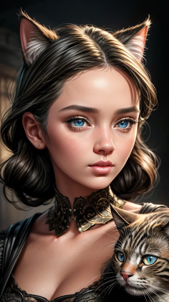 girl with cat, detailed face, beautiful detailed eyes, beautiful detailed lips, extremely detailed face, detailed cat, intricate details, cinematic lighting, vibrant colors, digital art, fantasy, photorealistic, masterpiece, 8k, highly detailed, hyper realistic
