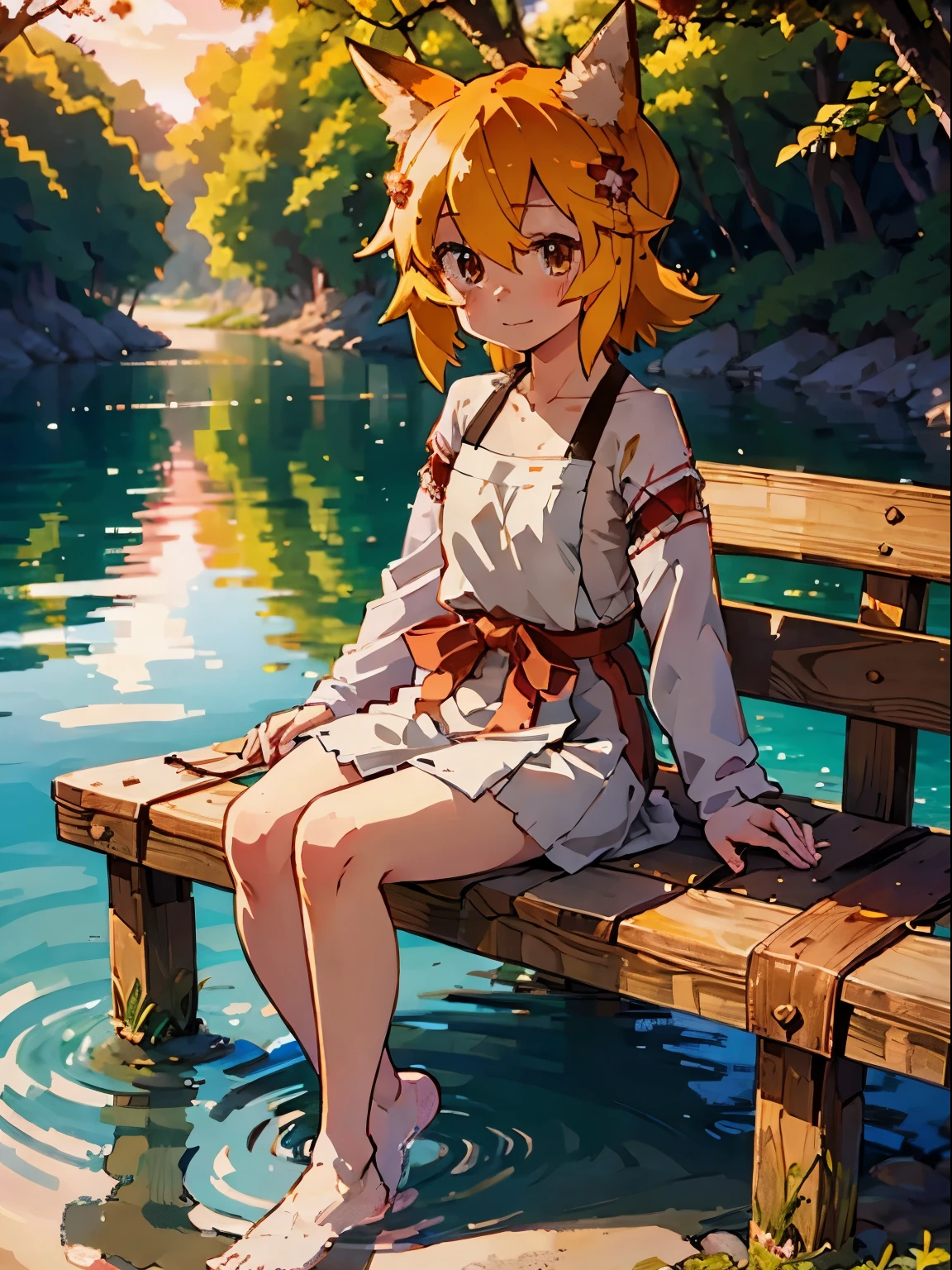 1girl, single girl, solo, (loli:1.5), fox ears, fox tail, miko, , short girl, (flat chest), (white knee socks), sitting on a bench, lake on background, sakura trees blossom, sakura leaves, (wearing cute swimsuit 1.6), (miko style swimsuit), feet visible, detailed feet, happy realistic face, shy, smiling, beautiful hair, orange hair, wearing cute hair clip, realistic, best quality, 8k, sunset, beautiful sky