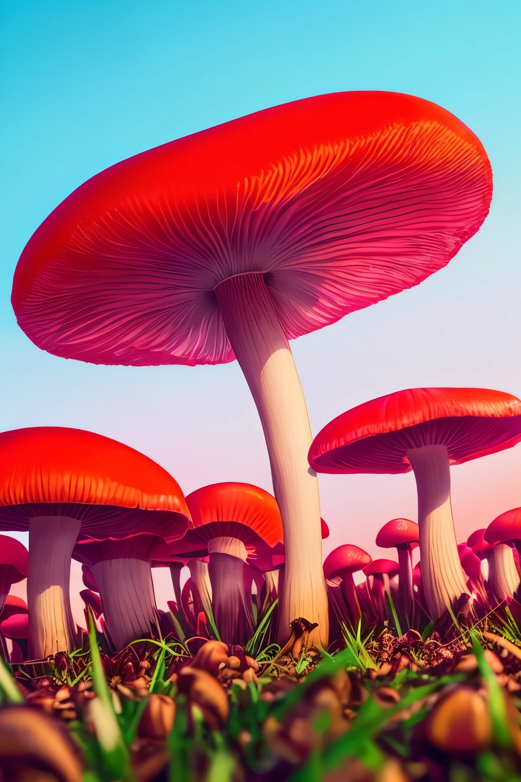 red mushroom,scattering wads of cash in the clear sky,luminous design, pastel colours, spring lights