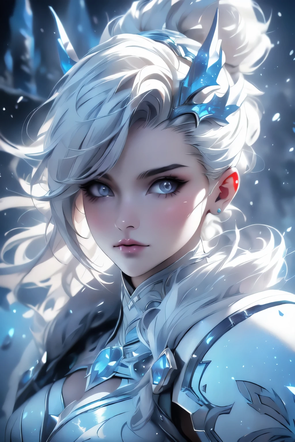 ((high quality:1.2, masterpiece:1.2)), 1girl, beautiful face, white hair, grey eyes, dynamic pose, (death knight, fantasy), (face shot, upper body), fantasy, (noon, ice castle background:1.2), majestic clouds, absurdres, high details, detailed and intricate, best lighting, sharp focus, realistic lighting