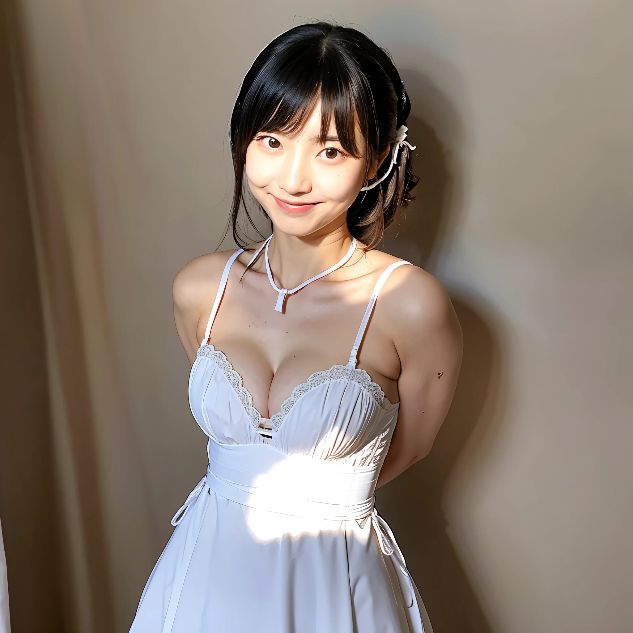 A cute face like an idol A slight smile Maid clothes Cosplay Cleavage Medium bust White panties Place your arms behind your back bondage bondageプレイ Arms tied Bound breasts In a dark room Natural light Are standing Tortoiseshell binding RAW Photos live-action Genuine Real Stick High resolution RAW Photos