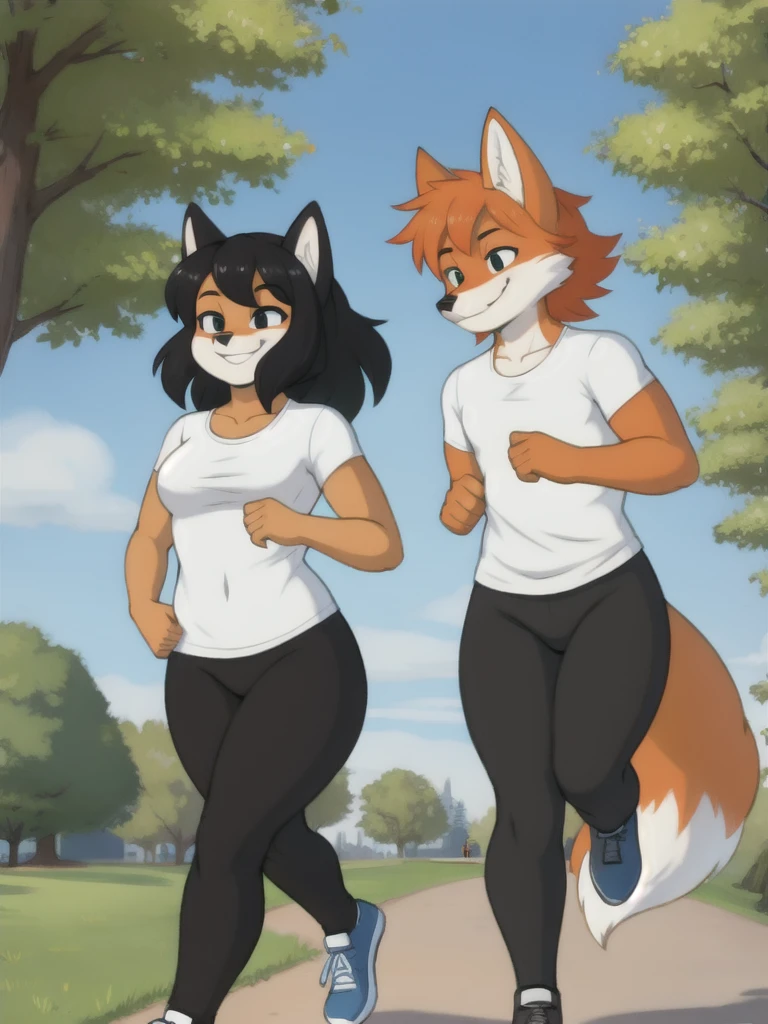 Furry, fox, smile, black leggings, white shirt, jogging with a partner, park, teen